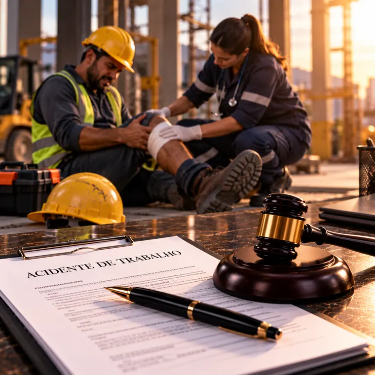 Trabalhador ferido recebe atendimento no canteiro de obras, com documento de acidente de trabalho e martelo da Justiça sobre a mesa