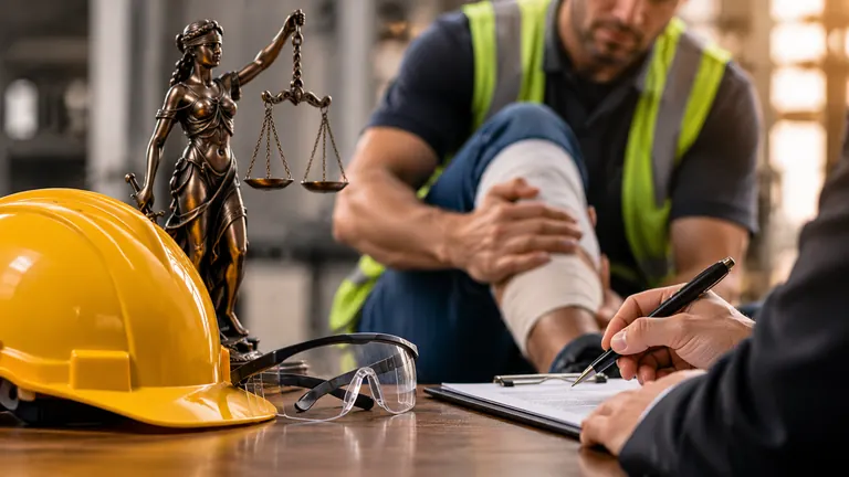 Trabalhador com perna enfaixada e capacete de segurança ao lado