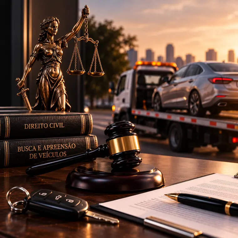 Estátua da Justiça e chave de carro sobre a mesa, com guincho transportando um veículo ao fundo