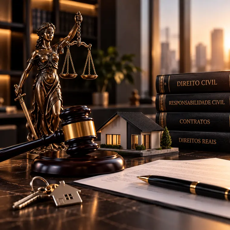 Estátua da Justiça, maquete de casa e livros de Direito Civil