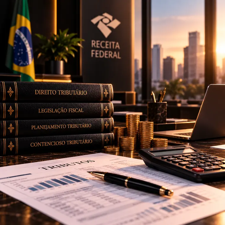 Livros de Direito Tributário e Legislação Fiscal, moedas e calculadora diante da placa da Receita Federal