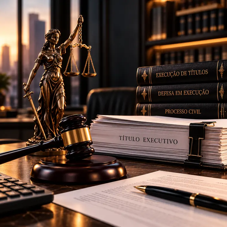 Pasta de título executivo, martelo e livros de Execução de Títulos, Defesa em Execução e Processo Civil