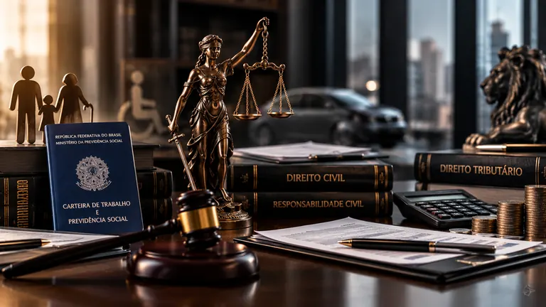 Mesa com estátua da Justiça, livros de Direito Civil, Responsabilidade Civil e Direito Tributário, calculadora e carteira de trabalho