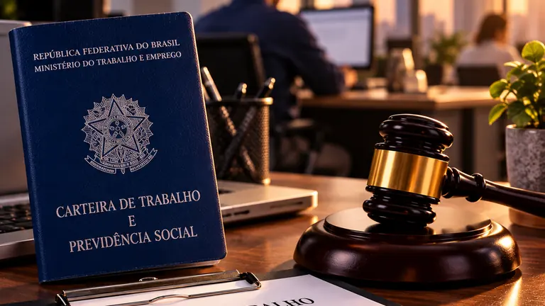 Carteira de trabalho, contrato de trabalho e martelo da Justiça sobre a mesa de um escritório